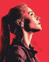 a woman with a ponytail in front of a red background generative ai photo
