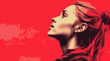 a woman with a ponytail in front of a red background generative ai photo