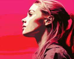 a woman with a ponytail in front of a red background generative ai photo