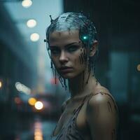 a woman with a robot head standing in the rain generative ai photo