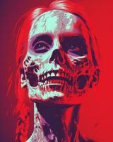 a woman with a skeleton face on a red background generative ai photo