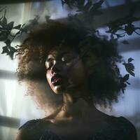 a woman with an afro in front of a window generative ai photo