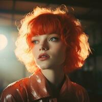 a woman with an orange hair and bright eyes generative ai photo