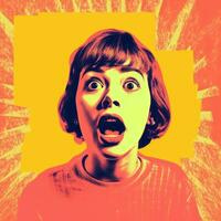 a woman with an open mouth in front of an orange background generative ai photo