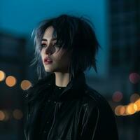 a woman with black hair and a leather jacket standing in front of a city at night generative ai photo