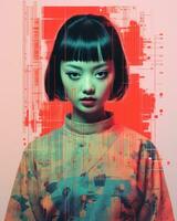 a woman with black hair and a red background generative ai photo