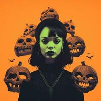 a woman with black makeup and green eyes is surrounded by pumpkins generative ai photo