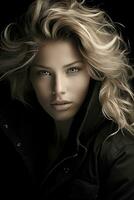 a woman with blonde hair and a black jacket generative ai photo