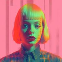 a woman with blonde hair and a pink background generative ai photo