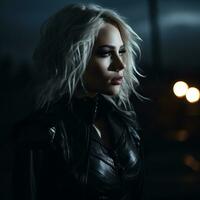 a woman with blonde hair and leather jacket standing in the dark generative ai photo