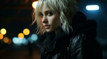 a woman with blonde hair and black jacket standing in the dark generative ai photo