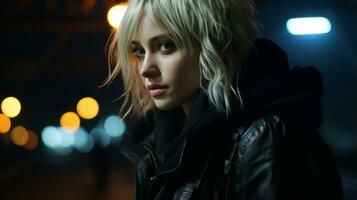 a woman with blonde hair and black jacket standing in the dark generative ai photo