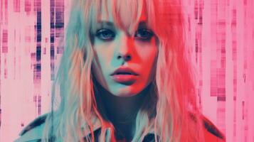 a woman with blonde hair and blue eyes in front of a pink background generative ai photo