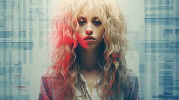 a woman with blonde hair and red hair is standing in front of a computer screen generative ai photo