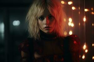 a woman with blonde hair and red dress standing in front of lights generative ai photo