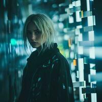 a woman with blonde hair standing in a dark hallway generative ai photo