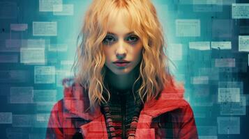 a woman with blonde hair and red jacket standing in front of a computer screen generative ai photo