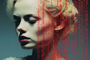 a woman with blonde hair in front of a binary code generative ai photo