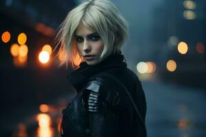 a woman with blonde hair standing in front of a city at night generative ai photo