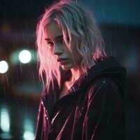 a woman with blonde hair standing in the rain at night generative ai photo