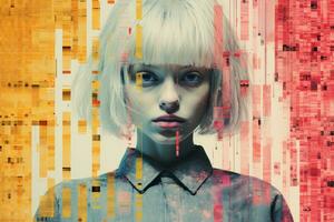 a woman with blonde hair standing in front of a colorful background generative ai photo