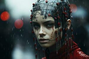 a woman with blood dripping down her face in the rain generative ai photo