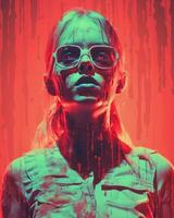 a woman with blood dripping down her face and glasses in front of a red background generative ai photo