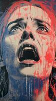 a woman with blood dripping from her face and a red and blue background generative ai photo