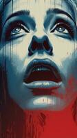 a woman with blood dripping from her face in a red and blue background generative ai photo