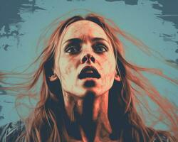 a woman with blood on her face and hair blowing in the wind generative ai photo