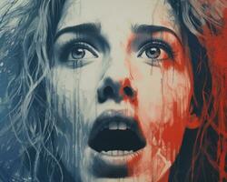 a woman with blood on her face and a red and blue background generative ai photo