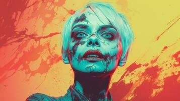 a woman with blood on her face in a colorful background generative ai photo