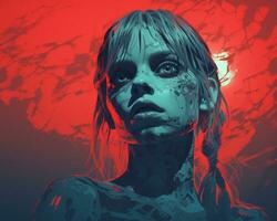 a woman with blood on her face in a red and blue background generative ai photo