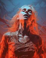 a woman with blood on her face in a red and blue background generative ai photo