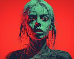 a woman with blood on her face in a red background generative ai photo
