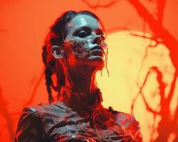 a woman with blood on her face in front of an orange sky generative ai photo