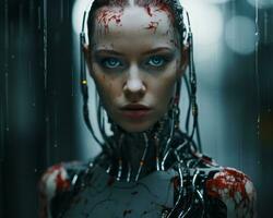 a woman with blood on her face in the rain generative ai photo