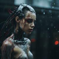 a woman with blood on her face standing in the rain generative ai photo