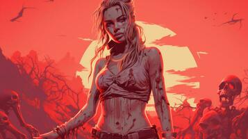a woman with blood on her face standing in front of zombies generative ai photo