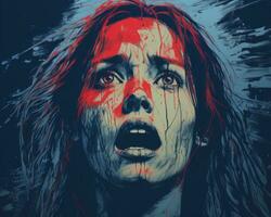 a woman with blood on her face is shown on a blue background generative ai photo