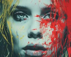 a woman with blood splattered all over her face generative ai photo