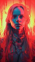 a woman with blood splattered on her face in front of a red and blue background generative ai photo