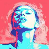 a woman with blue and pink colors on her face generative ai photo
