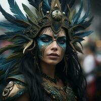 a woman with blue and gold makeup and feathers on her head generative ai photo