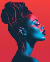 a woman with blue and red hair in front of a red and blue background generative ai photo