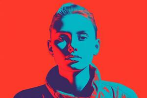 a woman with blue and red hair in front of a red background generative ai photo