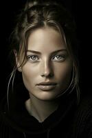 a woman with blue eyes and a black hoodie generative ai photo