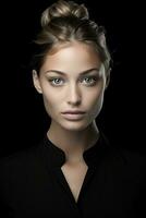 a woman with blue eyes and a black shirt generative ai photo