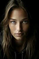 a woman with blue eyes and a black hoodie generative ai photo