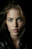 a woman with blue eyes and a leather jacket generative ai photo